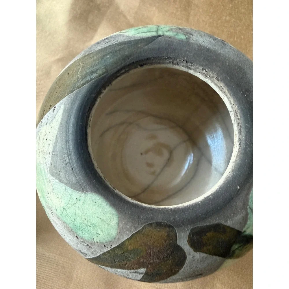 Lynn Dee Studio Pottery Raku Lidded Jar Green Grey Abstract Leaf Signed Art Ware